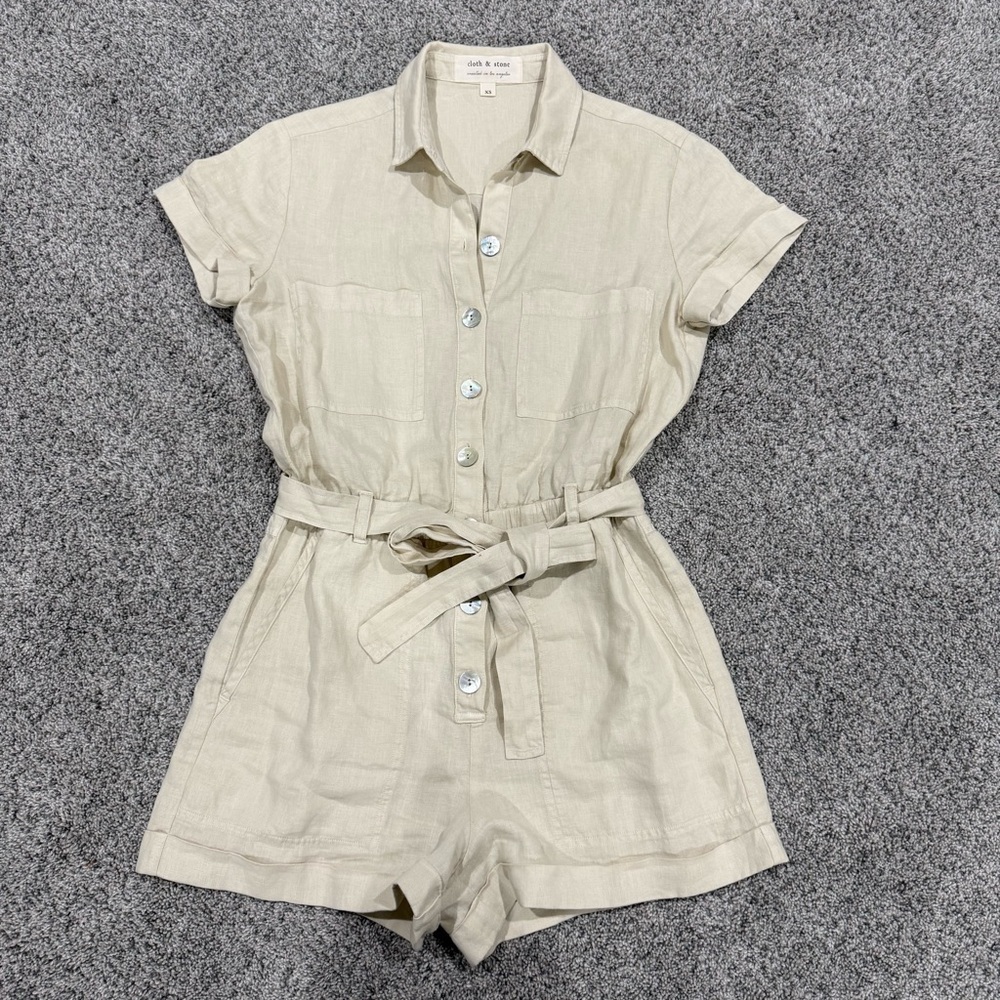 Cloth & Stone Oatmeal 100% Linen Roll Hem Elastic Waist Utility Romper Women XS - Picture 2 of 13